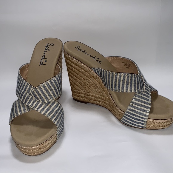 Splendid Striped Blue & White Canvas Espadrille Wedge Sandals Size 8 - Picture 2 of 11
